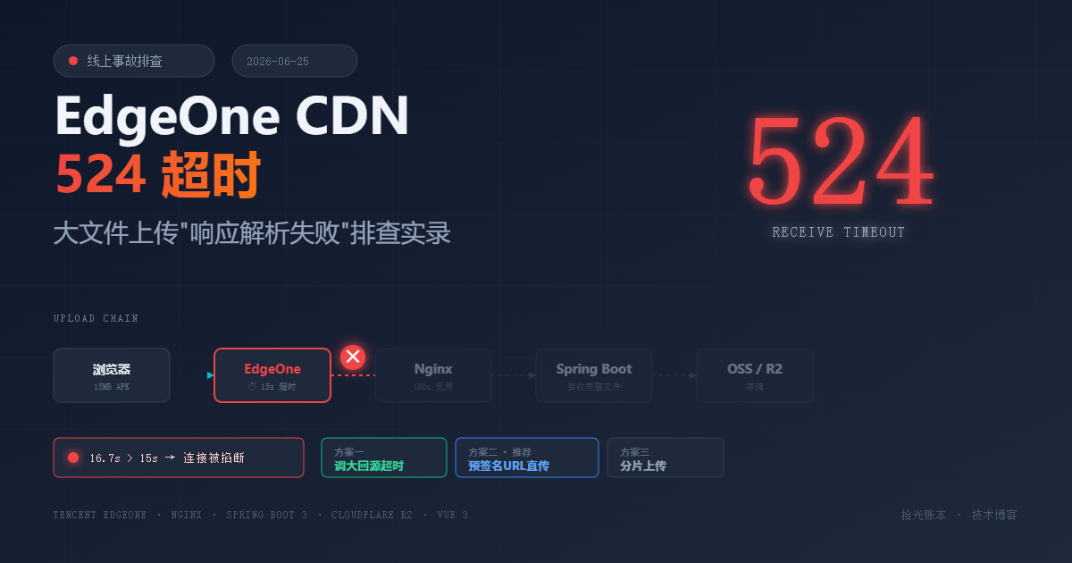 EdgeOne CDN 大文件上传 524 超时排查与解决